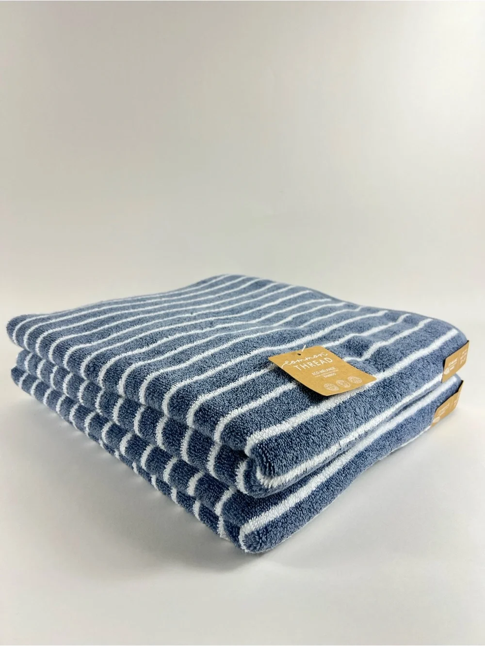 Common Thread Bath Towels Bamboo Blue White Wide Stripe Cotton 2 Pc Set NEW